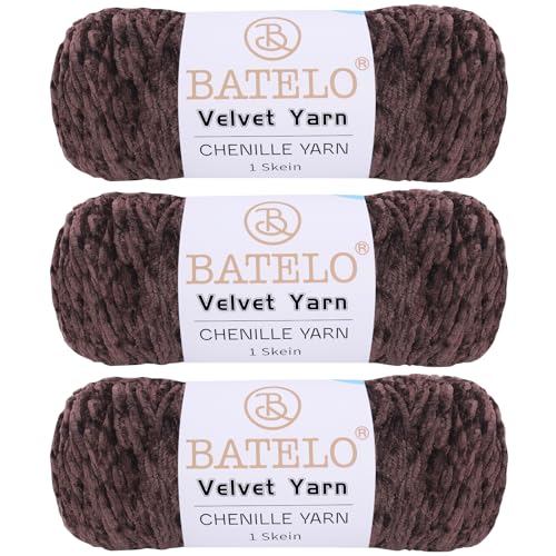 BATELO 3 Knäuel Samtgarn, weiches Chenille-Deckengarn, flauschiges Garn zum Häkeln, Stricken, Decken/Puppen/Teppich, 600 g, 870 m, Kaffeegarn von BATELO