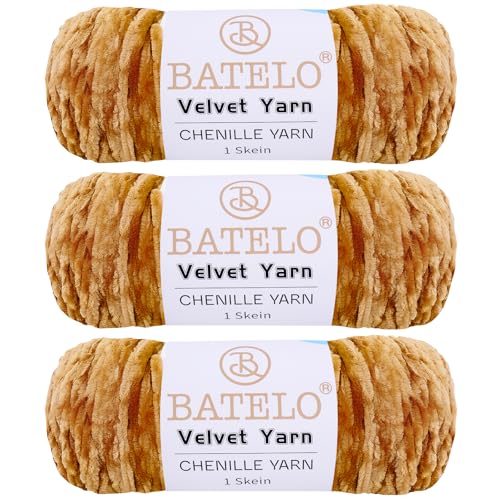 BATELO 3 Knäuel Samtgarn, weiches Chenille-Deckengarn, flauschiges Garn zum Häkeln, Stricken, Decken/Puppen/Teppich, 600 g, 870 m, Schokoladengarn von BATELO