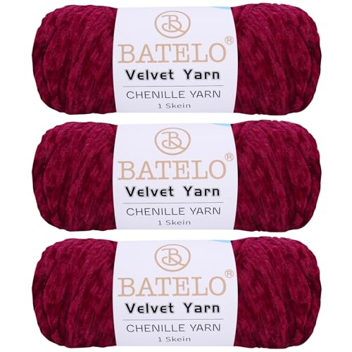 BATELO 3 Knäuel Samtgarn, weiches Chenille-Deckengarn, flauschiges Garn zum Häkeln, Stricken, Decken/Puppen/Teppich, 600 g, 870 m, Weinrotes Garn von BATELO