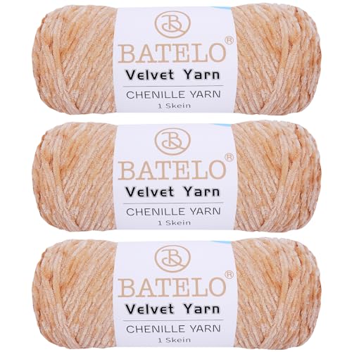 BATELO 3 Knäuel Samtgarn, weiches Chenille-Deckengarn, flauschiges Garn zum Häkeln, Stricken, Decken/Puppen/Teppich, 600 g, 870 m, beigefarbenes Garn von BATELO