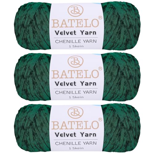 BATELO 3 Knäuel Samtgarn, weiches Chenille-Deckengarn, flauschiges Garn zum Häkeln, Stricken, Decken/Puppen/Teppich, 600 g, 870 m, dunkelgrünes Garn von BATELO