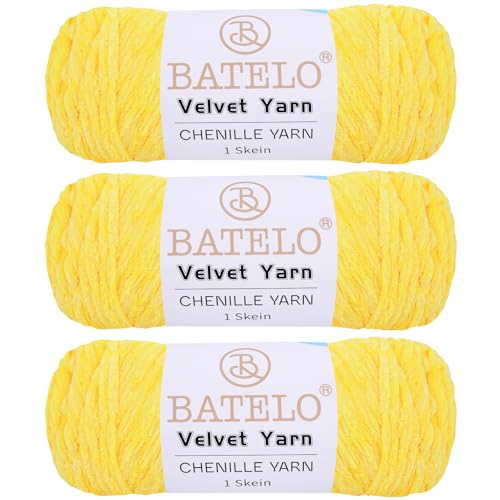 BATELO 3 Knäuel Samtgarn, weiches Chenille-Deckengarn, flauschiges Garn zum Häkeln, Stricken, Decken/Puppen/Teppich, 600 g, 870 m, gelbes Garn von BATELO