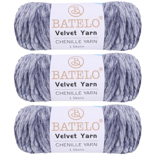 BATELO 3 Knäuel Samtgarn, weiches Chenille-Deckengarn, flauschiges Garn zum Häkeln, Stricken, Decken/Puppen/Teppich, 600 g, 870 m, hellgraues Garn von BATELO