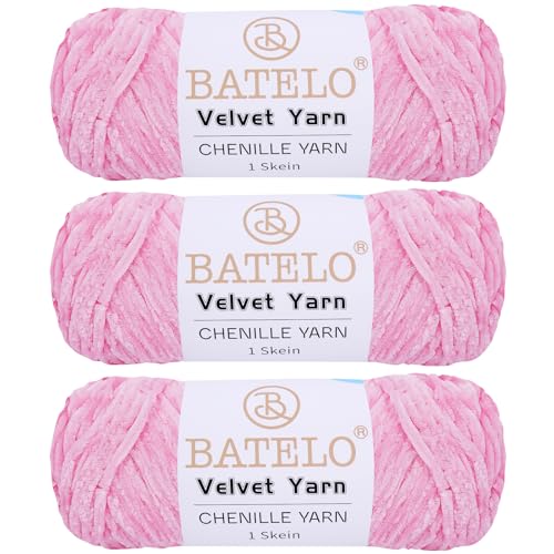 BATELO 3 Knäuel Samtgarn, weiches Chenille-Deckengarn, flauschiges Garn zum Häkeln, Stricken, Decken/Puppen/Teppich, 600 g, 870 m, hellrosa Garn von BATELO