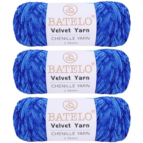 BATELO 3 Knäuel Samtgarn, weiches Chenille-Deckengarn, flauschiges Garn zum Häkeln, Stricken, Decken/Puppen/Teppich, 600 g, 870 m, kleines blaues Garn von BATELO