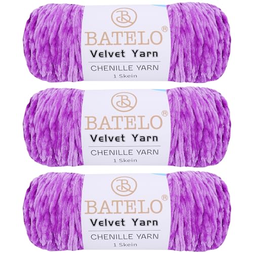 BATELO 3 Knäuel Samtgarn, weiches Chenille-Deckengarn, flauschiges Garn zum Häkeln, Stricken, Decken/Puppen/Teppich, 600 g, 870 m, lila Garn von BATELO