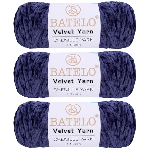 BATELO 3 Knäuel Samtgarn, weiches Chenille-Deckengarn, flauschiges Garn zum Häkeln, Stricken, Decken/Puppen/Teppich, 600 g, 870 m, marineblaues Garn von BATELO