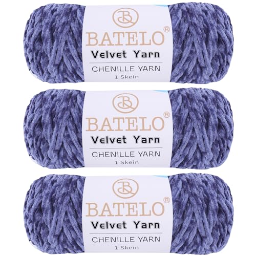 BATELO 3 Knäuel Samtgarn, weiches Chenille-Deckengarn, flauschiges Garn zum Häkeln, Stricken, Decken/Puppen/Teppich, 600 g, 870 m, rauchblaues Garn von BATELO