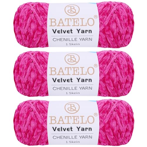 BATELO 3 Knäuel Samtgarn, weiches Chenille-Deckengarn, flauschiges Garn zum Häkeln, Stricken, Decken/Puppen/Teppich, 600 g, 870 m, rosarotes Garn von BATELO