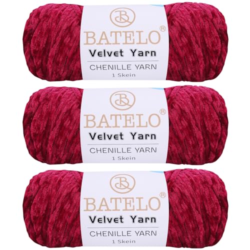 BATELO 3 Knäuel Samtgarn, weiches Chenille-Deckengarn, flauschiges Garn zum Häkeln, Stricken, Decken/Puppen/Teppich, 600 g, 870 m, rotes Garn von BATELO