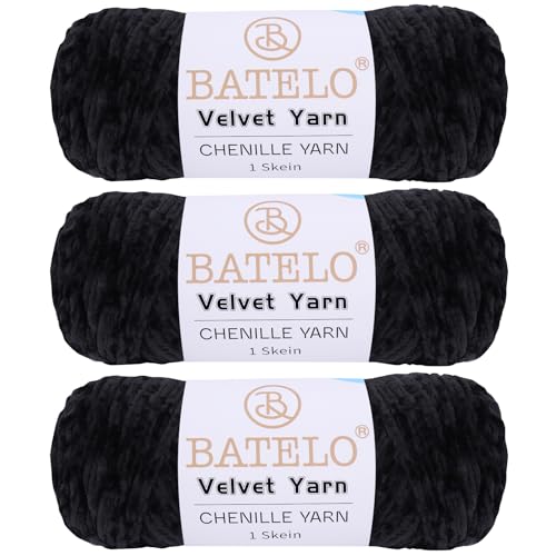 BATELO 3 Knäuel Samtgarn, weiches Chenille-Deckengarn, flauschiges Garn zum Häkeln, Stricken, Decken/Puppen/Teppich, 600 g, 870 m, schwarzes Garn von BATELO