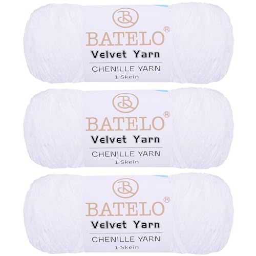 BATELO 3 Knäuel Samtgarn, weiches Chenille-Deckengarn, flauschiges Garn zum Häkeln, Stricken, Decken/Puppen/Teppich, 600 g, 870 m, weißes Garn von BATELO