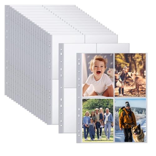 BATINO 40 Stück 320 Taschen Fotohüllen A4 Klarsichthüllen für Fotos, 4 Fächer, Doppelseitiger 4 Taschen Foto Seitenschutz, 11 Löcher Sammelhüllen A4 4 Geteilt Schutz von Postkarten Fotos, Dokumente von BATINO