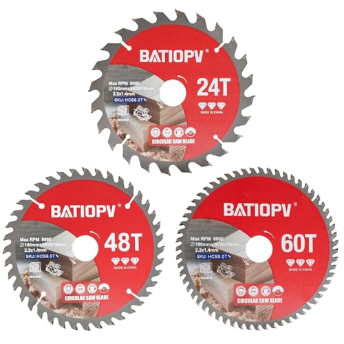 BATIOPV Kreissägeblatt 190 x 30/20/16 mm (24/48/60 Zähne) 3-teilig (für Holz, Spanplatten, Sperrholz, Hartholz, usw.) | Kompatibel mit Dewalt Makita Bosch, Sägeblätter für Holzschnitte von BATIOPV