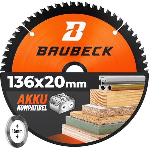 BAUBECK Akku Sägeblatt 136x20 inkl. 16mm Reduzierring - Multi Material Feinschnitt - Kreissägeblatt 136x20 für Holz, Aluminium, Metall uvm. von BAUBECK