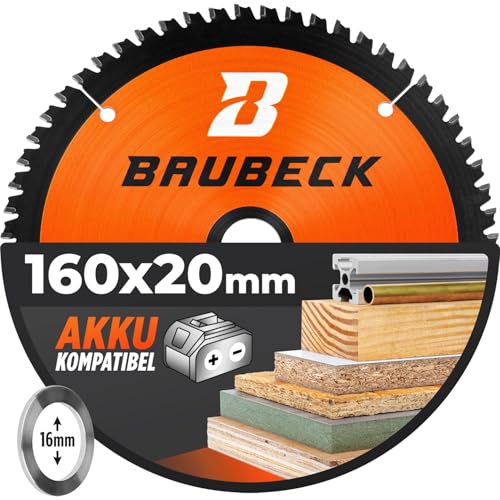 BAUBECK Akku Sägeblatt 160x20 inkl. 16mm Reduzierring - Multi Material Feinschnitt - Sägeblatt 160mm für Holz, Aluminium, Metall uvm. - Akku Kreissägeblatt 160x16 von BAUBECK