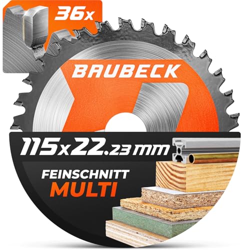 BAUBECK Flex Holzscheibe 115mm, 36Z, 1.9mm - Schnitt in Holz, Alu & Metall Sägeblatt für Winkelschleifer 115, Sägeblatt 115mm für Winkelschleifer, kompatibel mit allen gängigen 115er Winkelschleifern von BAUBECK