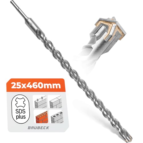 BAUBECK SDS Plus Bohrer 25mm x 460mm lang für Beton & Stein - Premium 40CR Stahl, langlebig - 4 Schneiden Steinbohrer 25mm für beste Ergebnisse - SDS Plus Bohrer 25mm Betonbohrer SDS Bohrer 25mm von BAUBECK