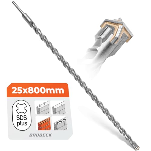 BAUBECK SDS Plus Bohrer 25mm x 800mm lang für Beton & Stein - Premium 40CR Stahl, langlebig - 4 Schneiden Steinbohrer 25mm für beste Ergebnisse - SDS Plus Bohrer 25mm Betonbohrer SDS Bohrer 25mm von BAUBECK