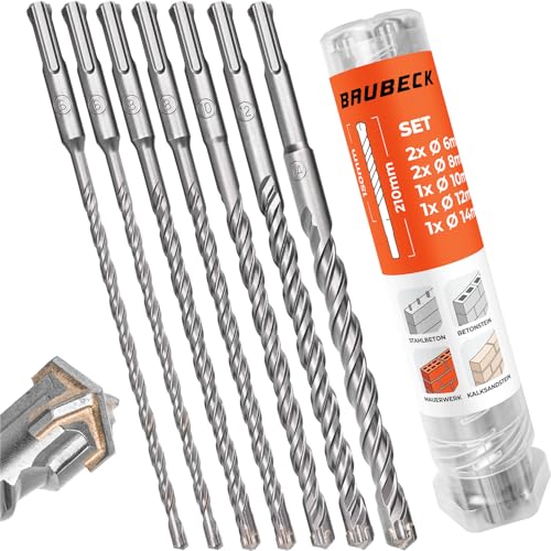 BAUBECK SDS Plus Bohrer Set für Beton [7tlg - Ø6-14 & 160mm lang] 4 Schneiden - Langlebige Betonbohrer aus 40CR Stahl für Präzise Ergebnisse - Bohrer Set Beton Schlagbohrer SDS Bohrer Stein von BAUBECK