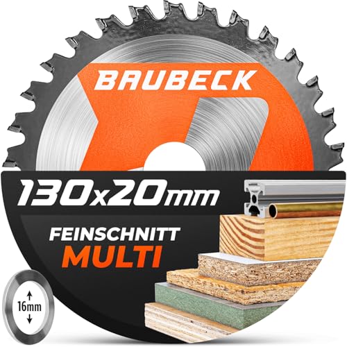 BAUBECK Sägeblatt 130x16 +20mm Adapter, 36Z, 1.5mm Feinschnitt in Holz & Alu kompatibel mit Akku Handkreissägen und Tauchsägen Kreissägeblatt 130x16, Sägeblatt 130x20 von BAUBECK