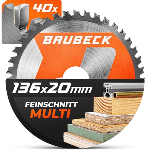 BAUBECK Sägeblatt 136x20 1.5mm Feinschnitt in Holz & Alu, 40 Zähne für Akku Kreissägen, wie Bosch GKM 18v-50 oder M. DSS501 / Z, DCS552, DCS550 kompatibel, Kreissägeblatt 136x20 Sägeblatt 135x20 von BAUBECK