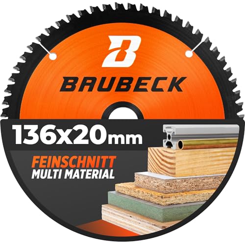 BAUBECK Sägeblatt 136x20 - Multi Material Feinschnitt - Kreissägeblatt 136 x 20mm für Holz, Aluminium, Metall uvm. - Sägeblatt 136x20mm kompatibel mit Bosch GKM uvm. von BAUBECK