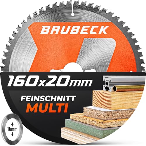 BAUBECK Sägeblatt 160x20 +16mm Adapter, 60Z, 1.5mm Feinschnitt in Holz & Alu kompatibel mit Festool TS 55 / ATF 55 E, Bosch PKS 55 A/PKS 54, Kreissägeblatt 160x20, Sägeblatt 160x16 von BAUBECK