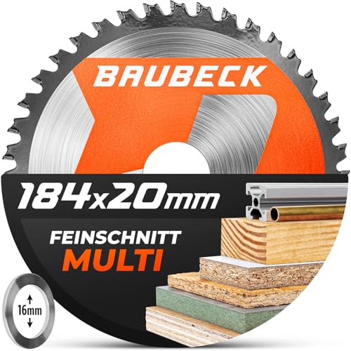 BAUBECK Sägeblatt 184x16 +20mm Adapter, 40Z, 1.6mm Feinschnitt in Holz & Alu kompatibel mit Dewalt. Bosch, Evolution & TACKLIFE PES01A Sägeblatt 184x20, Kreissägeblatt 184x16 von BAUBECK