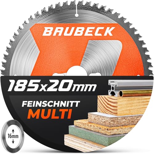 BAUBECK Sägeblatt 185x20 +16mm Adapter, 56Z, 1.6mm Feinschnitt in Holz & Alu kompatibel mit Bosch, Evolution & TACKLIFE PES01A Sägeblatt 185x16, Kreissägeblatt 185x20 von BAUBECK