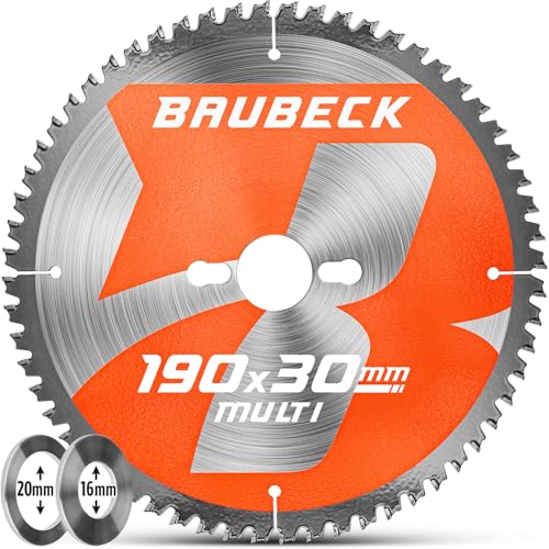 BAUBECK Sägeblatt 190x30 +16/20mm Reduzierringe, 56Z, 1.6mm Schnitt in Holz, Metall & Alu mit Handkreissägen, wie Bosch GKS 190, PKS 66 A / 66 AF, Parkside PHKS 66 kompatibel, Kreissägeblatt 190 von BAUBECK