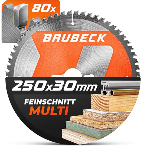 BAUBECK Sägeblatt 250x30 2.5mm Feinschnitt in Holz & Alu, 80 Zähne für Kapp- & Tischkreissägen, wie von Einhell. Dewalt 7492, Elektra Beckum KGS 300 kompatibel, Kreissägeblatt 250, Kappsägeblatt 250 von BAUBECK