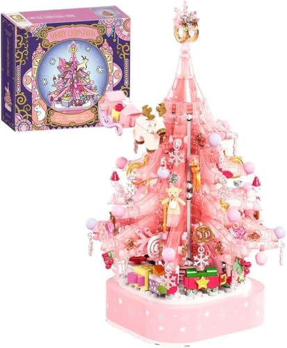 BAUNKO Klemmbausteine Weihnachtsbaum Pink, 675 Teile Rosa Kristall Weihnachten Spieluhr Bausteine Bausatz mit Licht, DIY Weihnachtsspielzeug Christmas Konstruktionsspielzeug Set für Kinder Erwachsene von BAUNKO