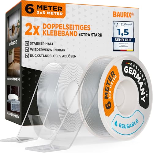 BAURIX® Nano-Tape Doppelseitig [2X3m] I Doppelseitiges Klebeband Extra Stark I Waschbares Alien Silikon Nano-Klebeband Transparent von BAURIX