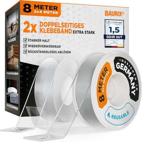 BAURIX® Nano-Tape Doppelseitig [2X4m] I Doppelseitiges Klebeband Extra Stark I Waschbares Alien Silikon Nano-Klebeband Transparent von BAURIX