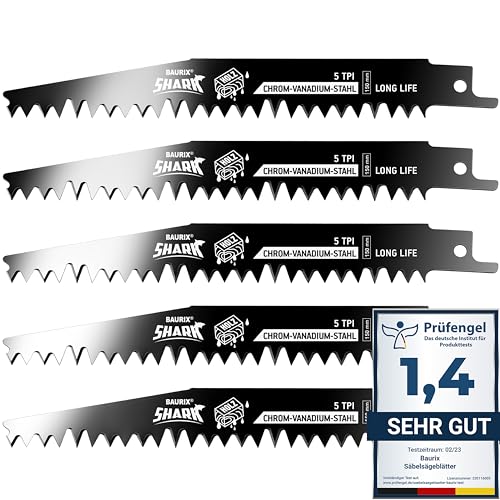 BAURIX® Säbelsägeblätter Holz I SHARK® [5 Stück] I 150 mm, 5 TPI I Sägeblatt Säbelsäge für schnelle und saubere Schnitte I Säbelsägeblatt für Grobholz, Nassholz, Brennholz, lebendes Holz von BAURIX