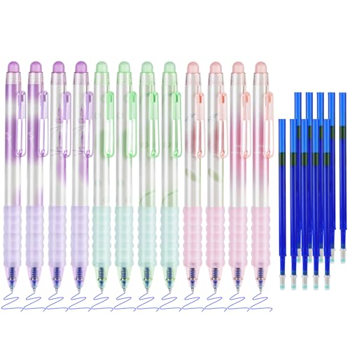 BAYTORY Löschbare Stifte, Einziehbare Feine Spitze, 0,5 mm Gelstifte mit Radiergummi, Transparent, 12 Blaue Tintenstifte und 10 Nachfüllungen, Glattes Schreiben für Notizen, Kreuzworträtsel von BAYTORY