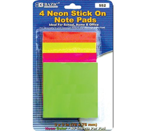 Bazic Haftnotizen, 7,6 x 7,6 cm, Neon, 40 Blatt, 4 pro Packung (144 Stück) von BAZIC