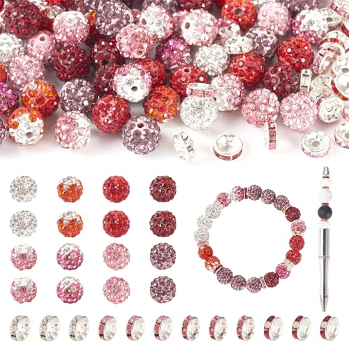 Beadthoven 100 Stück 10 mm Strassperlen mit 8 mm Abstandshalter für Schmuckherstellung, rot-rosa-weiße Strass-Kristall-Abstandhalter, glitzernde Discokugel-Perlen für Armband, Halskette, DIY, von BB Beadthoven