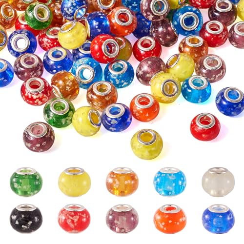 Beadthoven 100 Stück Leuchtperlen im Dunkeln, leuchtende Lampwork-Glasperlen, europäisches großes Loch, Schlangenkette, Schiebe-Anhänger mit Doppelkern aus Messing, für Schmuckherstellung, Loch: 5 mm von BB Beadthoven