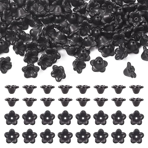 Beadthoven 100 Stück schwarze Blumen-Perlenkappen, 5 Petal, schwarze Blumen-Endkappen, blickdichte Harzblumen-Perlenkappen für DIY-Armbänder, Ohrringe, Halsketten, Schmuckherstellung, Loch: 1,5 mm von BB Beadthoven