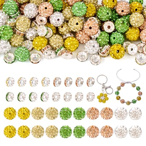 Beadthoven 120 Stück 10 mm Strass-Ton-Perlen 8 mm Strass-Abstandshalter für Armbänder, Frühlingsgrün, Gelb, Rosa, glitzernde Kristall-Ton-Discokugel-Perlen, glänzende runde Diamantperlen für von BB Beadthoven