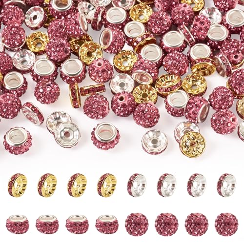 Beadthoven 120 Stück 10 mm Ton-Strassperlen zum Basteln, runde Rondelle-Abstandshalter, große Löcher, europäische Kristallperlen, glitzernde Diamantperlen für Armband, Halskette, DIY, von BB Beadthoven