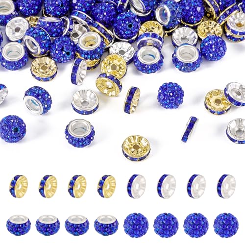 Beadthoven 120 Stück 10 mm blaue Ton-Strassperlen zum Basteln, runde Rondelle-Abstandshalter, große Löcher, europäische Kristallperlen, glitzernde Diamantperlen für Armband, Halskette, von BB Beadthoven