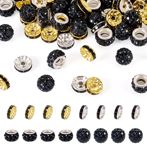 Beadthoven 120 Stück 10 mm schwarze Ton-Strassperlen zum Basteln, runde Rondelle-Abstandshalter, große Löcher, europäische Kristallperlen, glitzernde Diamantperlen für Armband, Halskette, von BB Beadthoven