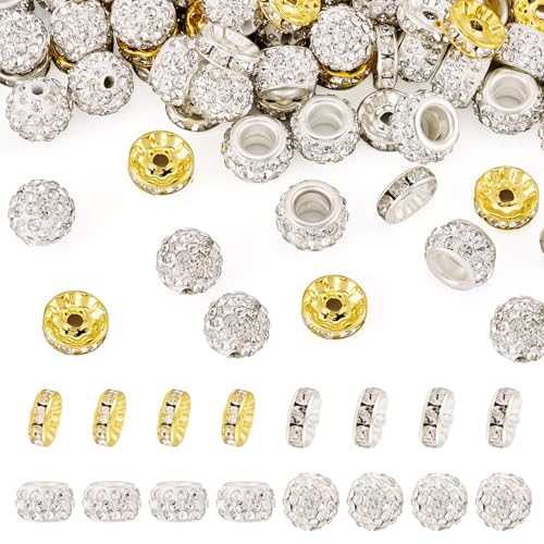 Beadthoven 120 Stück 10 mm weiße Strass-Ton-Perlen zum Basteln, runde Rondelle-Abstandshalter, große Löcher, europäische Kristallperlen, glitzernde Diamantperlen für Armband, Halskette, von BB Beadthoven