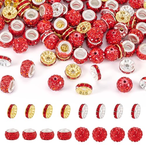 Beadthoven 120 Stück rote Ton-Strassperlen zum Basteln, runde Rondelle-Abstandshalter, große Löcher, europäische Kristallperlen, glitzernde Diamantperlen für Armband, Halskette, DIY, von BB Beadthoven