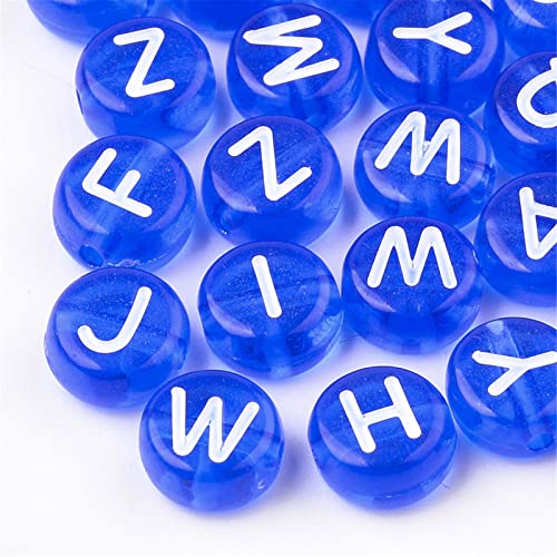 Beadthoven 200 Stück blaue, transparente Acryl-Buchstabenperlen, 7 mm, flach, rund, zufällige Scheibe, A-Z, Alphabet, lose Abstandshalter für Armbänder, Schmuckherstellung von BB Beadthoven