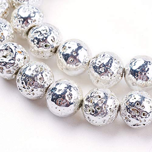 Beadthoven 5 Stränge, galvanisiert, natürliche Lava-Perlen, 8 mm, versilbert, rund, Stein-Perlen für Damen und Herren, Schmuckherstellung, Loch: 1 mm von BB Beadthoven