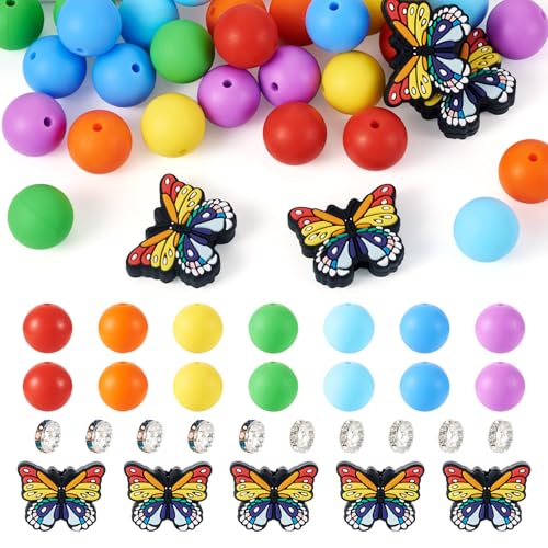 Beadthoven 50 Stück Perlen für Stifte, 15 mm runde Silikonperlen, bunte Regenbogenperlen, 10 mm, Kristall-Strass-Abstandhalter, Schmetterling, Silikon-Fokal-Perlen für Schmuckherstellung, DIY, von BB Beadthoven